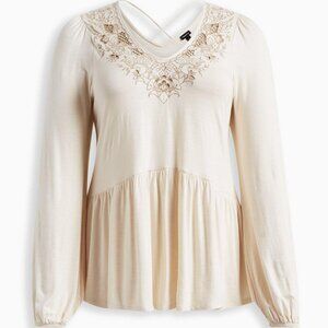 Torrid Babydoll V-Neck Embroidered Long Sleeve Top Size 3 Boho Spring Cream NWT
